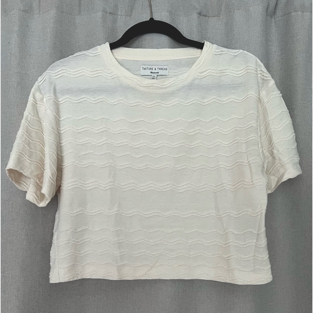 Madewell Cream Crop Short Sleeve Tee w Zig Zag Chevron Pattern Detail, Loose Fit